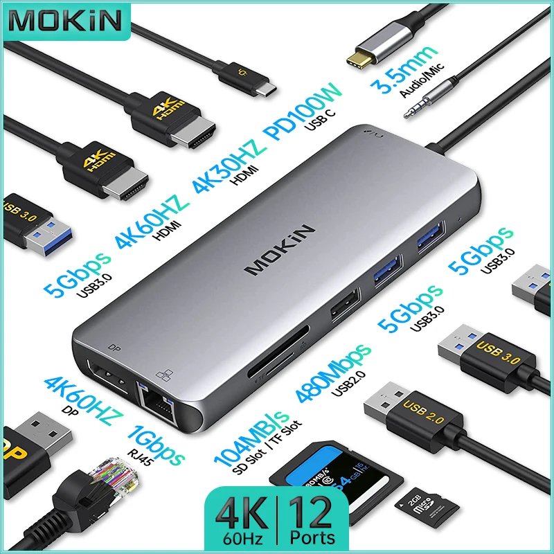 

MOKiN Docking Station USB Hub 12 in 1 4K 60Hz: Dual HDMI, DP, USB 3.0, RJ45, PD, SD/TF, Audio Mic for Mac Air Pro iPad Laptop PC