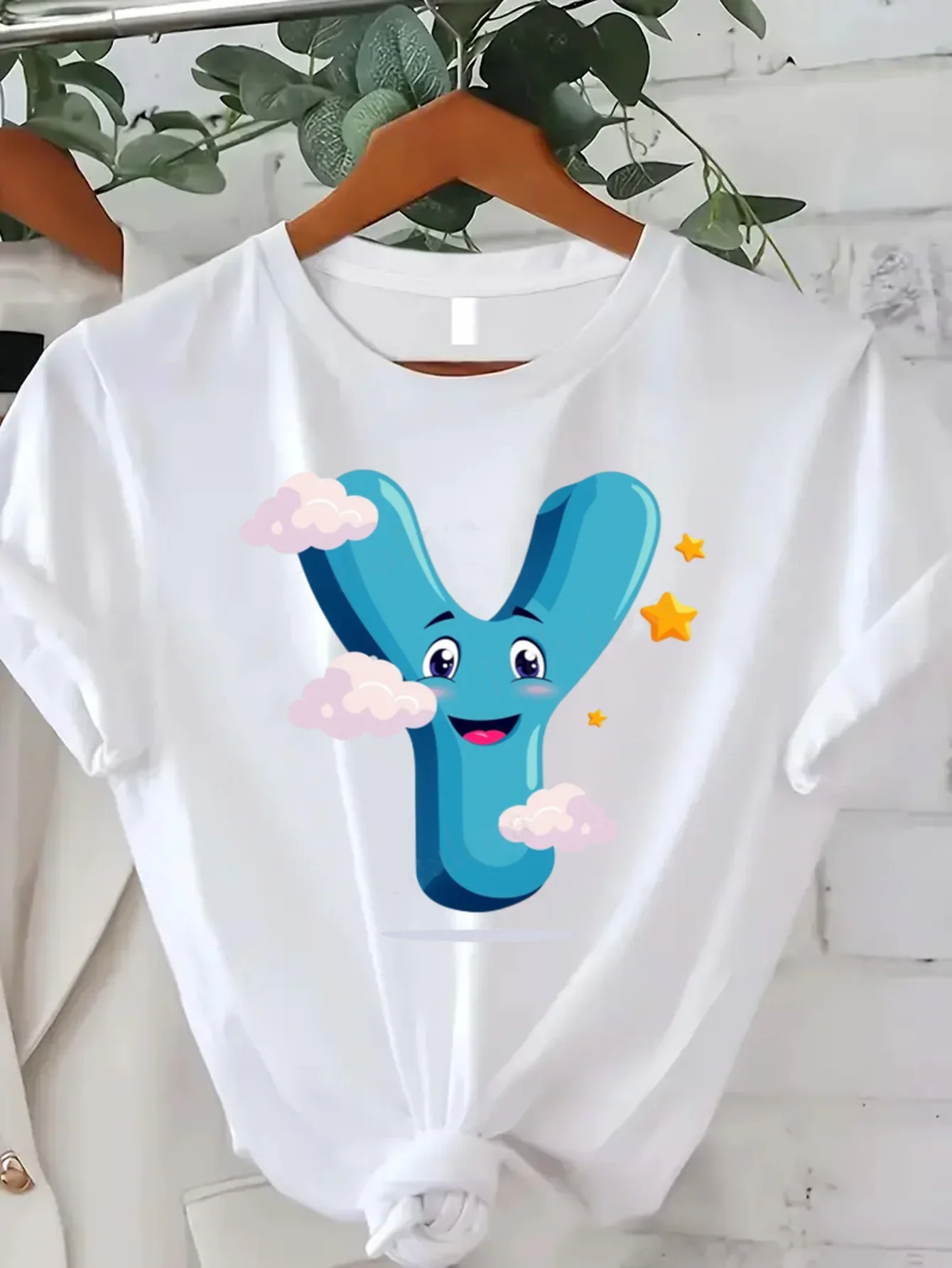 

Удобная женская футболка с принтом, милая женская футболка с рисунком Y-образной буквы, повседневная одежда с забавным дизайном облаков и звезд