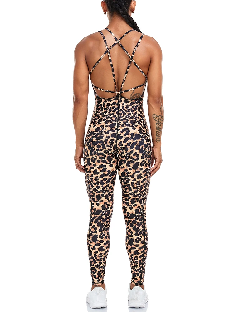 Leopard Print Sexy Bodysuit Women Backless Cross Romper Gym Athletic Active Sports One Piece Sportswear Bodycon With Chest Pad