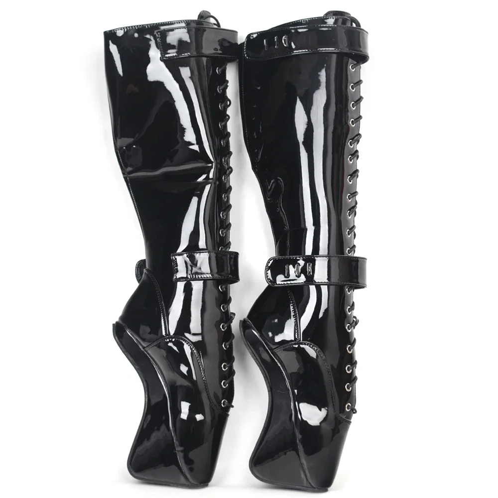 

Ботинки до колена на очень высоком каблуке 18 см, запираемые навесные замки, фетиш-балетки