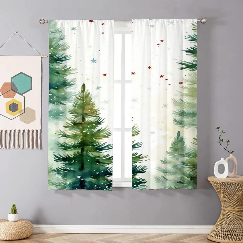 2PCS Digital Print Curtains, Watercolor Green Christmas Tree with Stars on White Background, Fresh Minimalist Style - Christmas