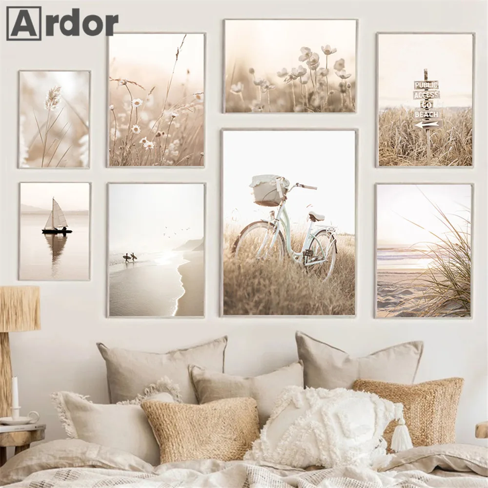 Beach Wall Poster Bike Art Prints Flower Pictures Grass Print Nordic Posters Bedroom Decor Beige Landscape Canvas Painting