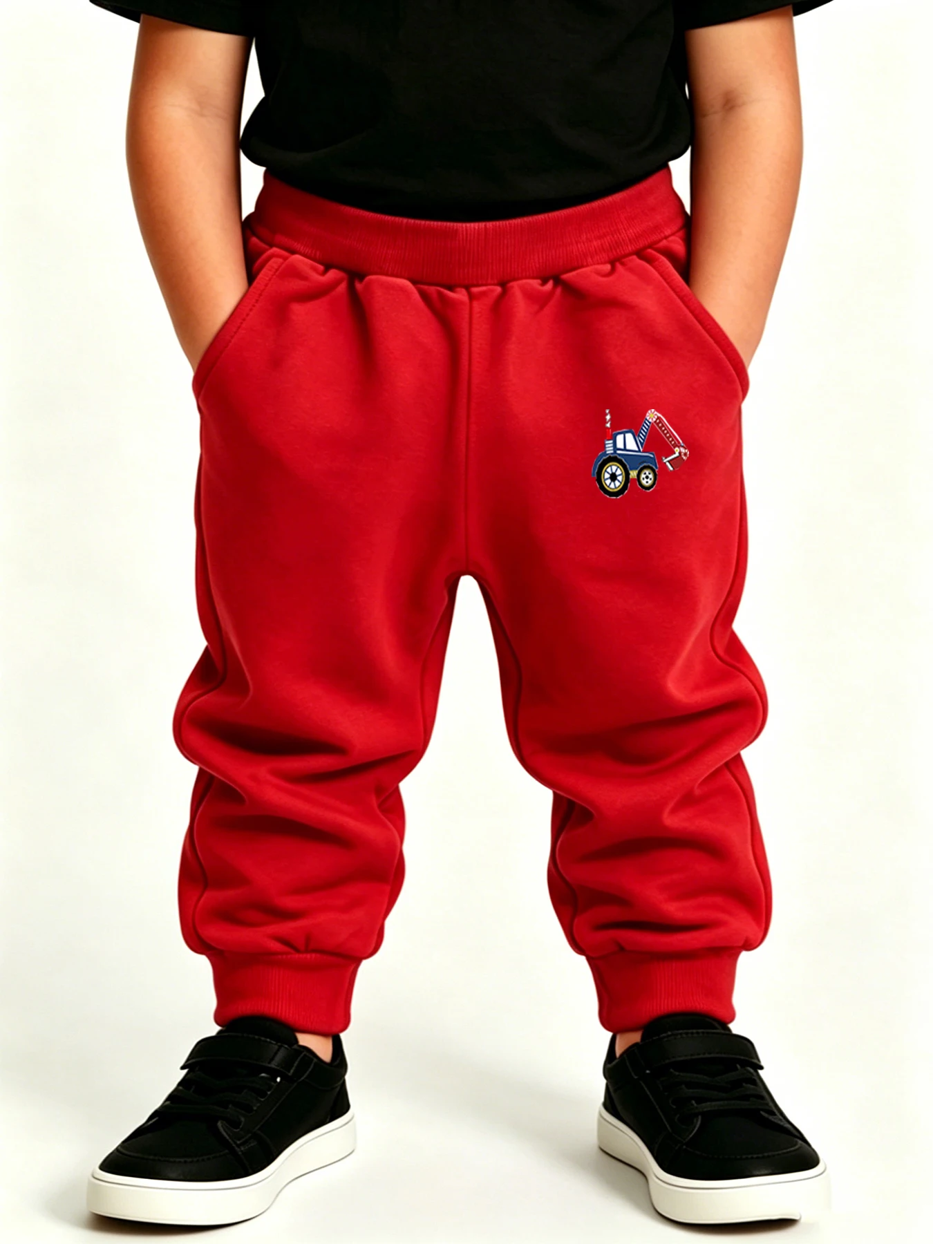 Kids Casual Jogger Sweatpants Four seasons Excavator Pattern Elastic‑Waist Red Sport Pants Daily Outdoors Trousers With Pockets