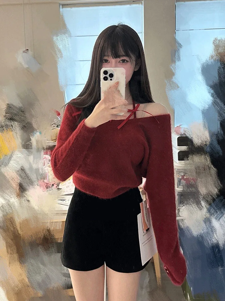 Harajuku Red Knitted Pullovers Women Long Sleeve Autumn Winter Slash Neck Bow Off Shoulder Sweater Korean Christmas High Street