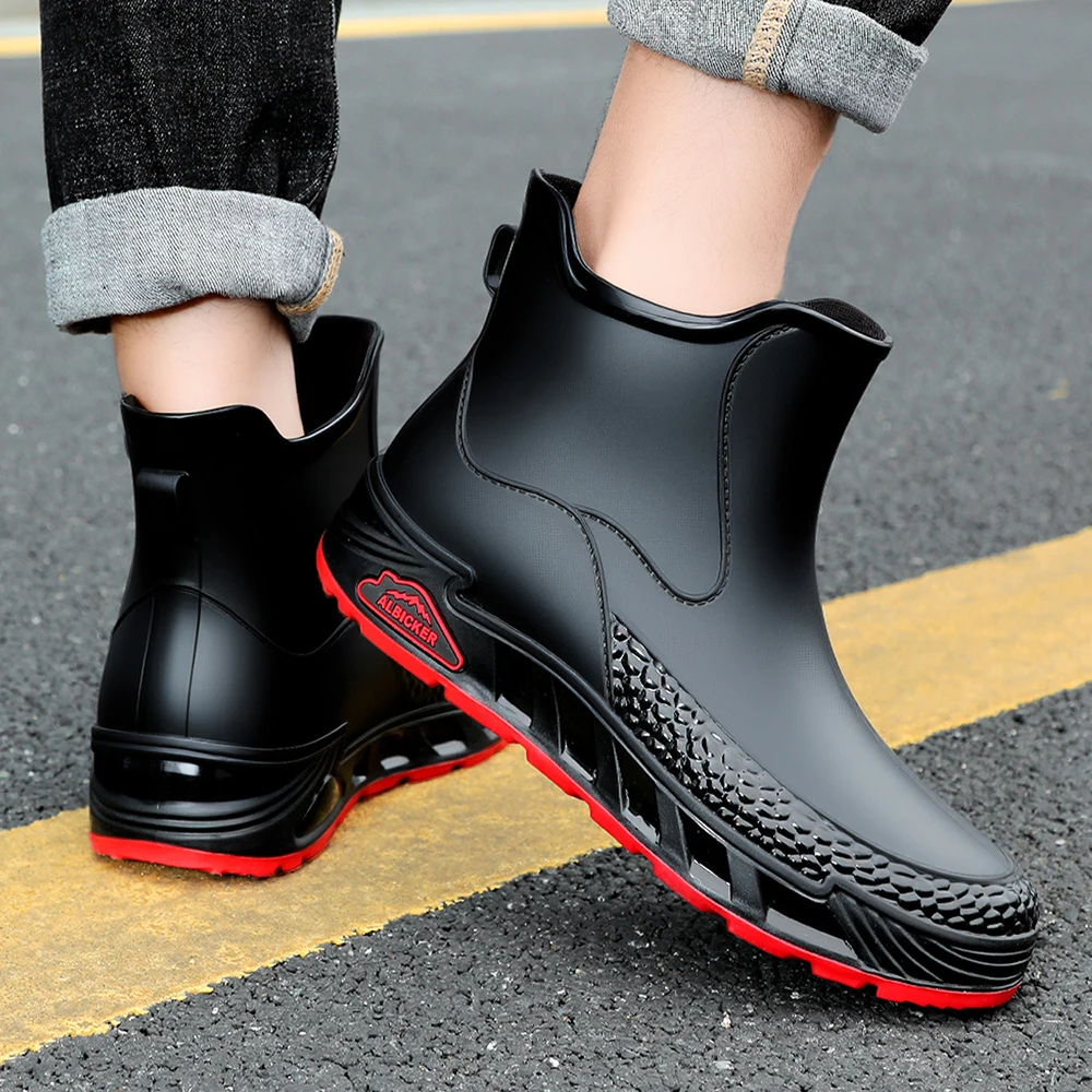 

New Men's Short Ankle Work Boots Fleece Lined Low Cut Fishing Rain Shoes Anti Slip Water Shoes Mesh Upper round Toe PVC Surface