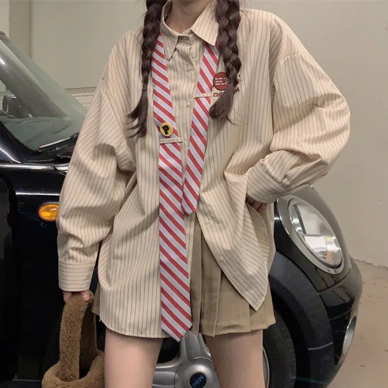 2025 Autumn Women New Vintage Striped Patchwork Necktie Shirt Long Sleeve Oversize Friends Blouses Preppy Style Blusas Top