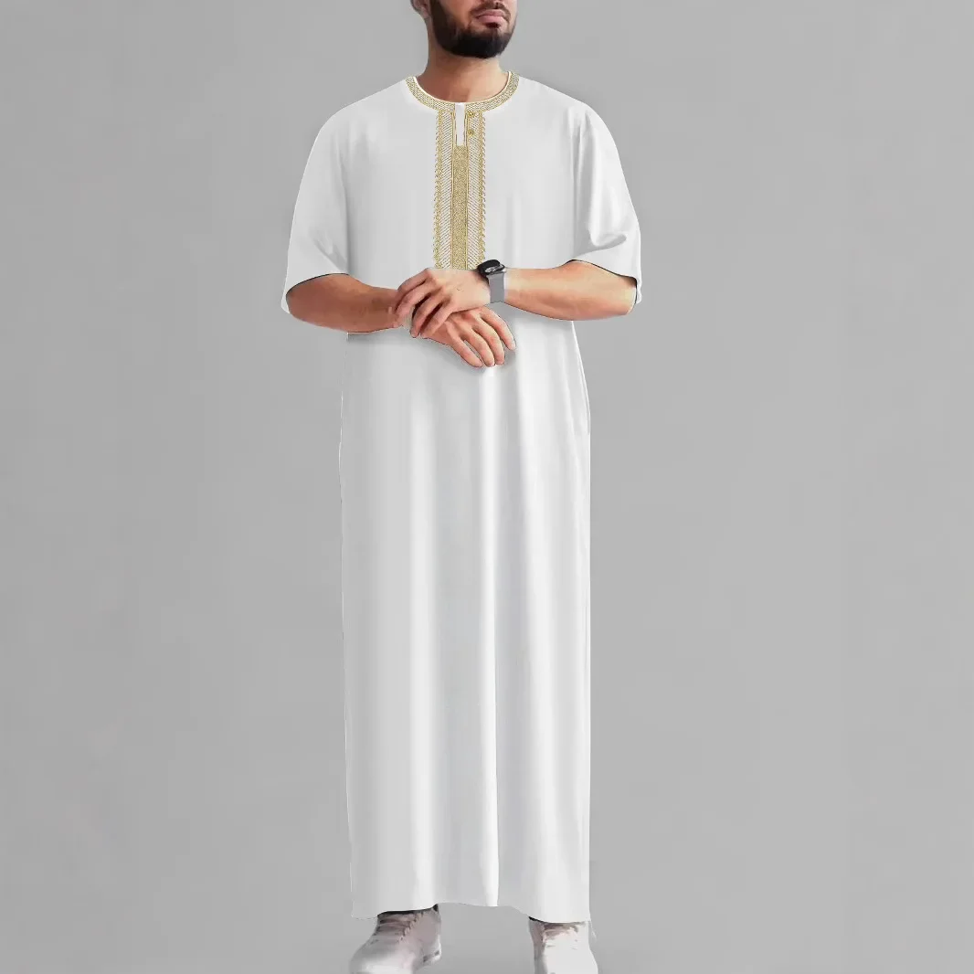 2025 جديد الشرق الأوسط خمر مسلم متوسط الأكمام التطريز العرقية نمط المغربي الرجال رداء الجانب جيب الرجال رداء مسلم