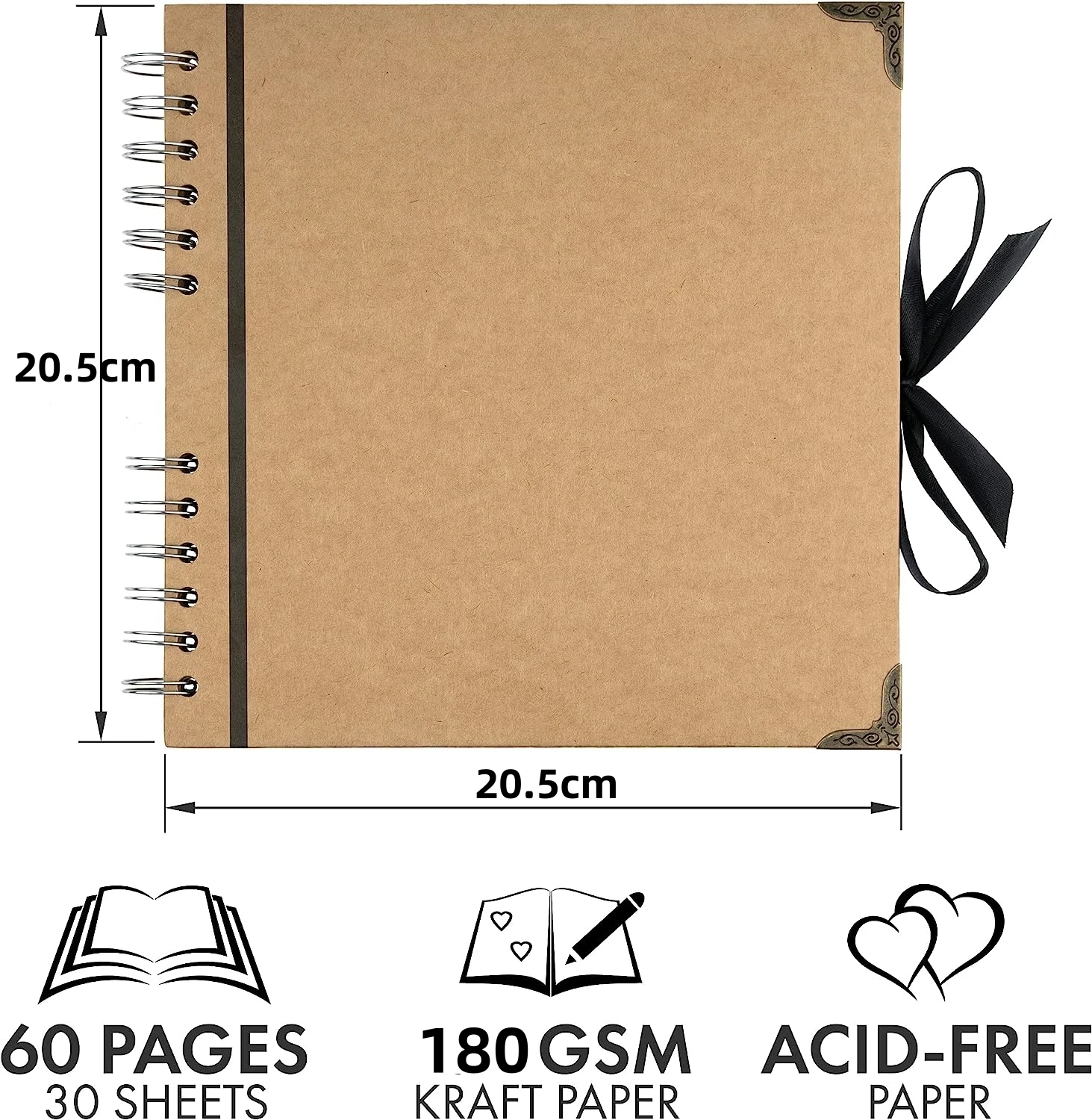 Scrapbook Album 60 Pages (8 x 8 inch) Black Thick 180gsm Kraft Paper, Corner Protectors - Scrap Book, Ribbon Closure
