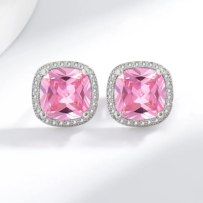 

Sweet and Fresh 925 Sterling Silver Three Carat Square Pink Zircon Charm Ladies Earrings Birthday Anniversary Gift