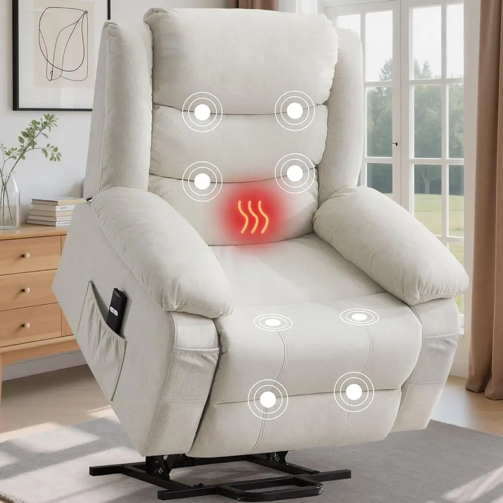 

Oversized Power Recliner with Massage, Heat, and Side Pockets for Elderly, Extra Wide, Beige Upholstery