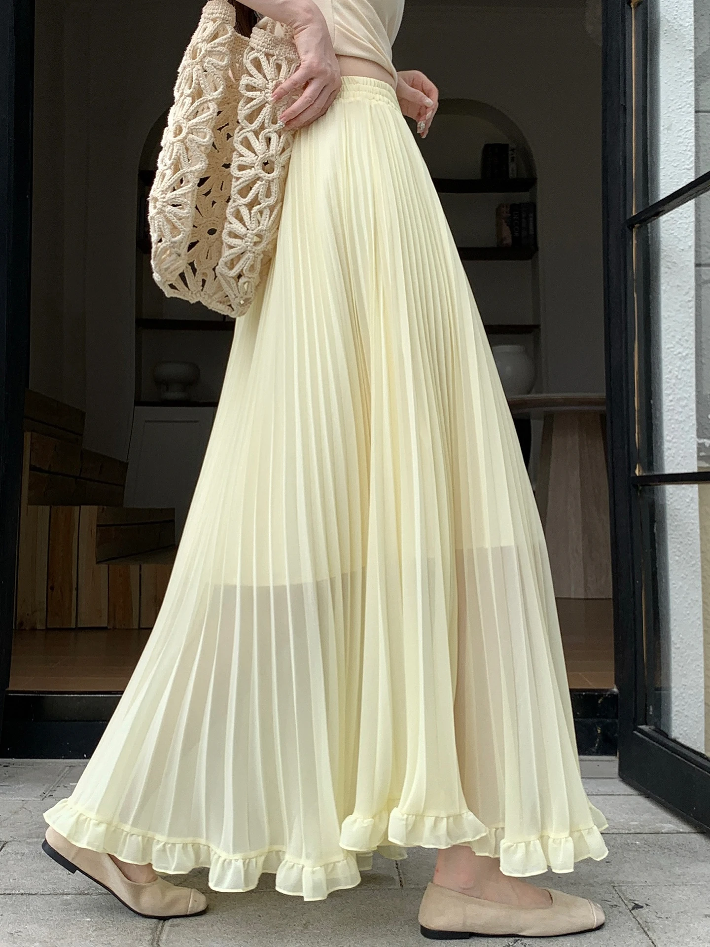 

Summer Yellow Accordion Pleated Skirt Women's Draping Fairy Tale Half-length Gown Earlet Lace Trim A-line Soft Comfortable Co...