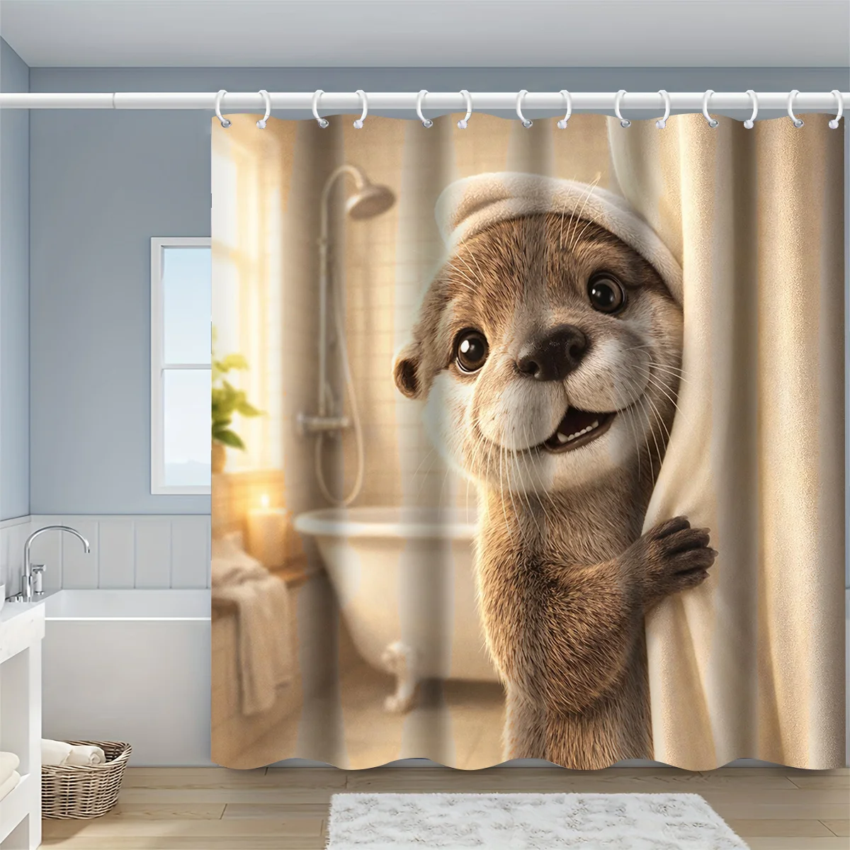 Cute Cartoon Beaver Family Shower Curtain Waterproof Novelty Animal Print Bathroom Decor Kids Shower Liner Stall Curtain Gift