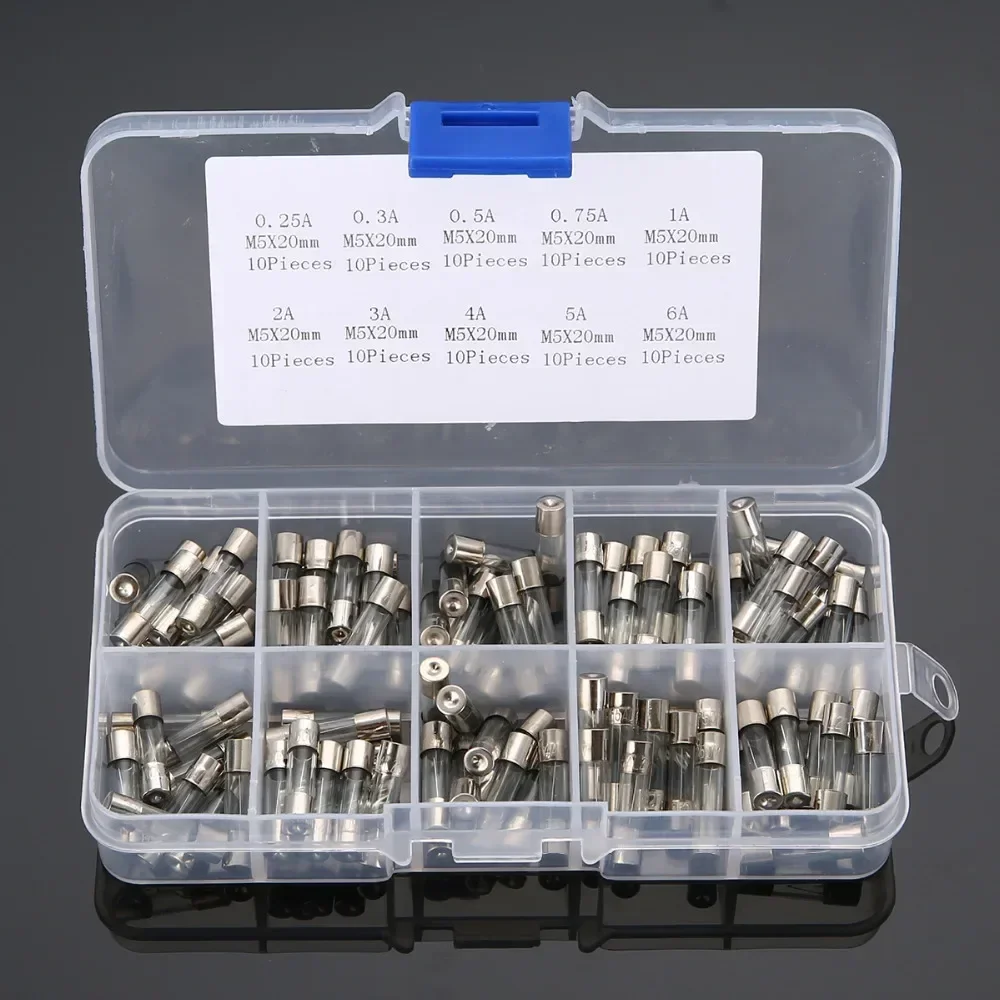 100pcs/box 5x20mm Fast-blow Glass Fuse Assorted Kit 0.2 0.25 0.3 0.5 0.75 1 2 3 4 5 6 8 10 15 20A Electrical Fuse Tube Mix Set