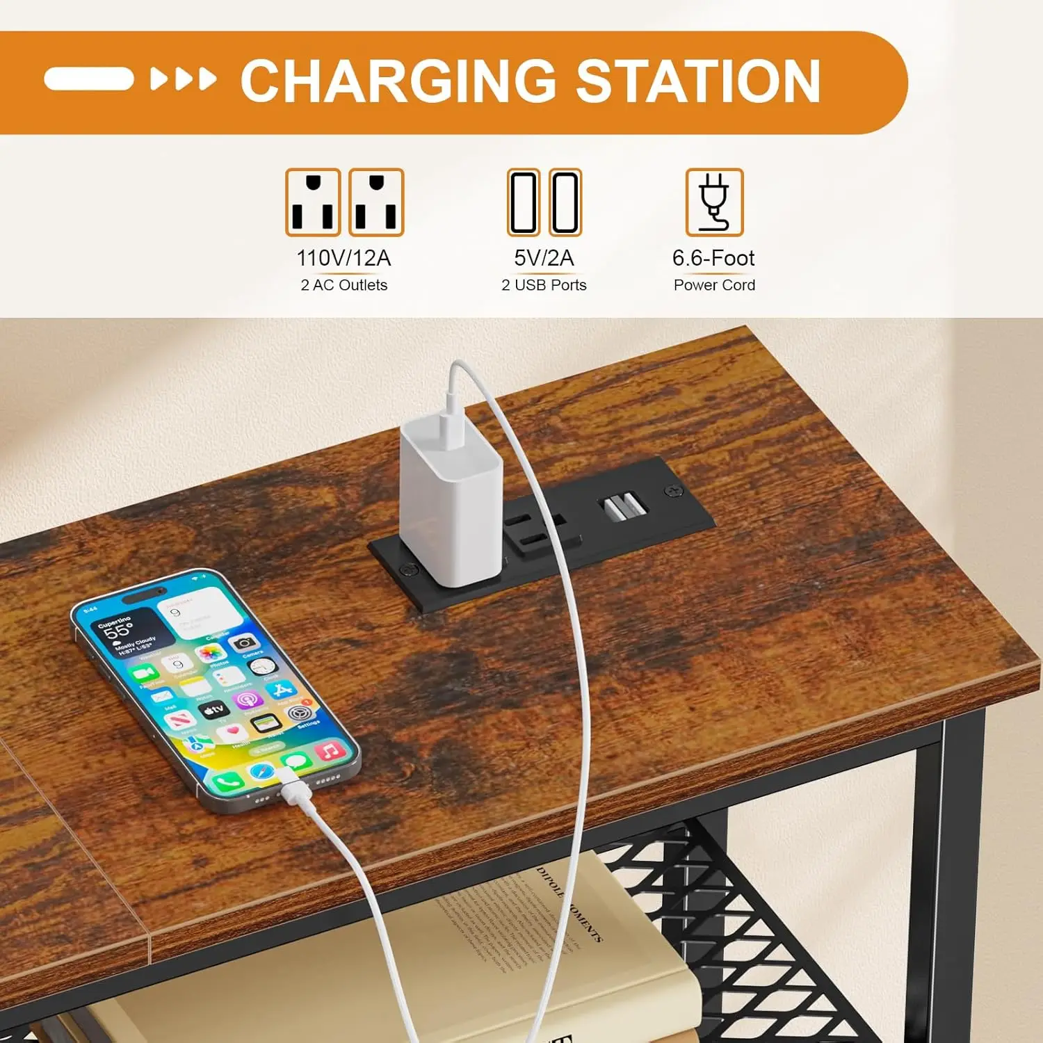 طاولة كونسول مع قاعدة شحن، طاولة أريكة صناعية ضيقة مع أرفف تخزين من 5 طبقات