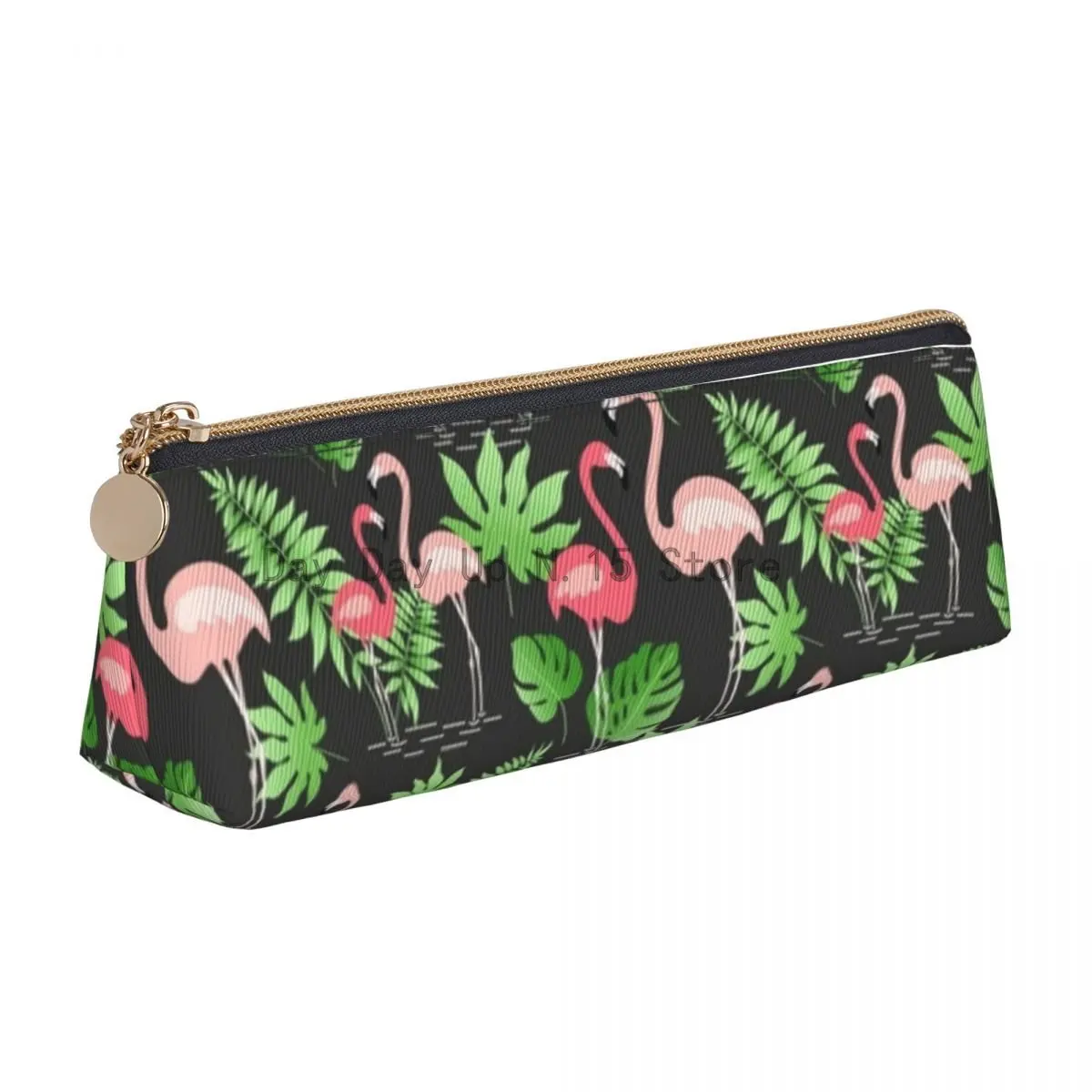 

Pink Flamingo Art Triangle Pencil Case Palm Leaf Print Teens School Zipper Pencil Box Cool Leather Pen Bag