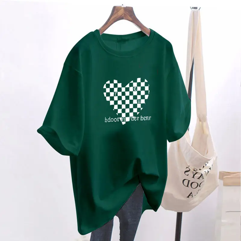 

Short Sleeve Spring Summer New Round Neck Mid Length Pure Cotton Ink Green Print T-shirt Women's Loose Fashion Versatile Tops