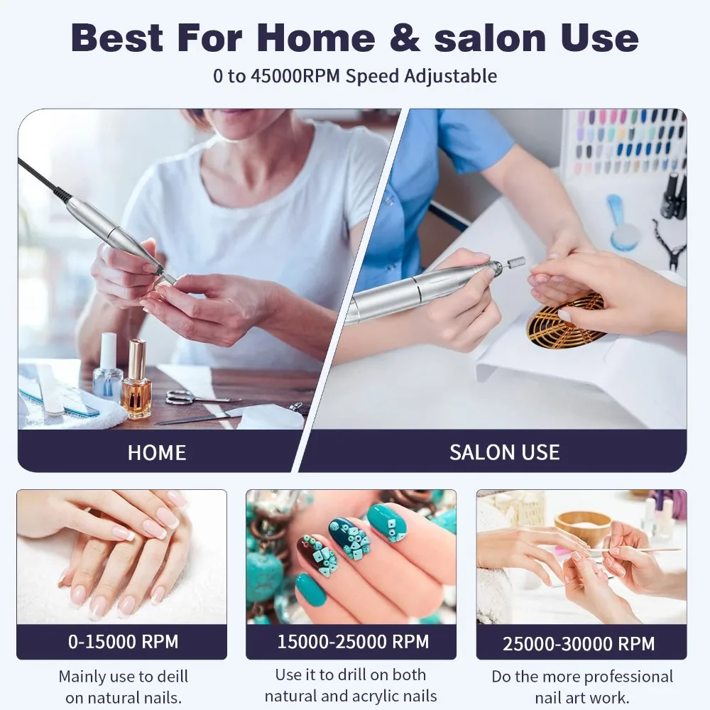 45000RPM Nail Drill Machine USB Rechargeable 6 Bits Electric Nail File Low Noise Sanding Bands Nail Sander File Manicure Salon