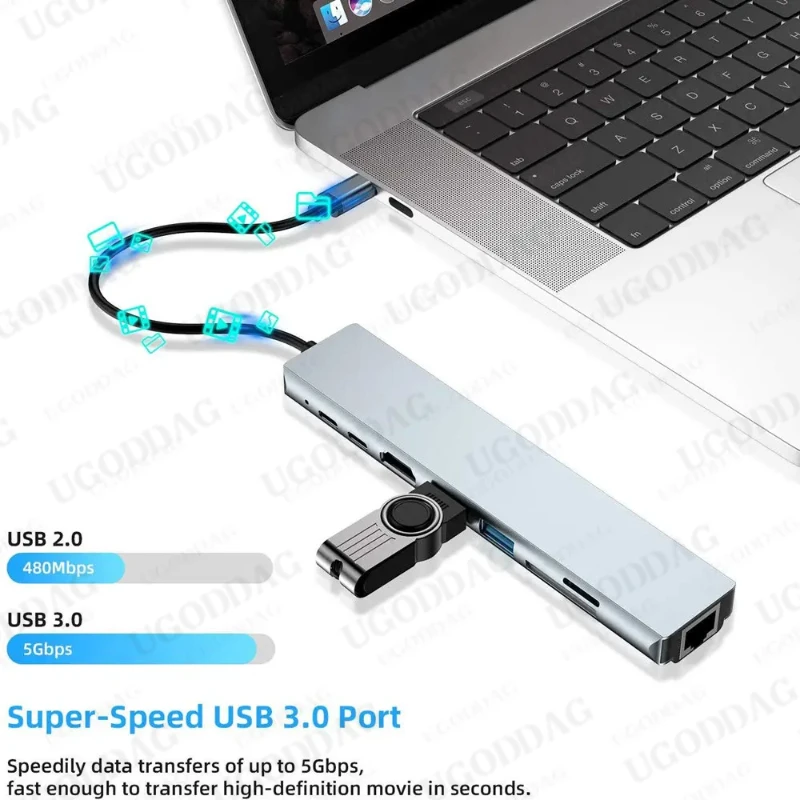 Adaptor kartu USB tipe-c Hub ke 4K, adaptor multifungsi pengisi daya Cepat PD kompatibel dengan RJ45 USB SD/TD untuk MacBook Pro HUAWEI