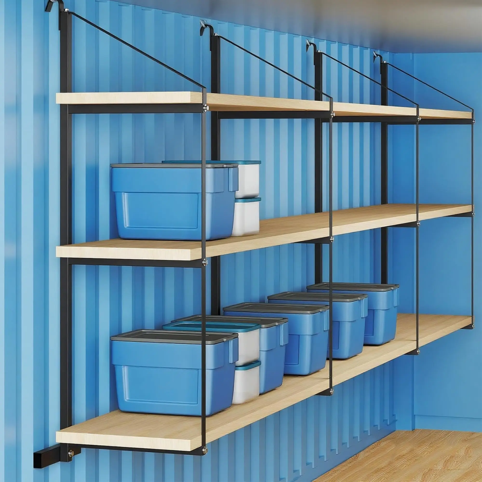 4-Pack 3-Tier Container Shelving Brackets for Cargo Racks - Adjustable Heavy-Duty Steel Hanging Storage System, 22 x 60 in, 1100 lb Capacity, Black Powder-Coated, for Shipping Containers/Garage/Work Trailer
