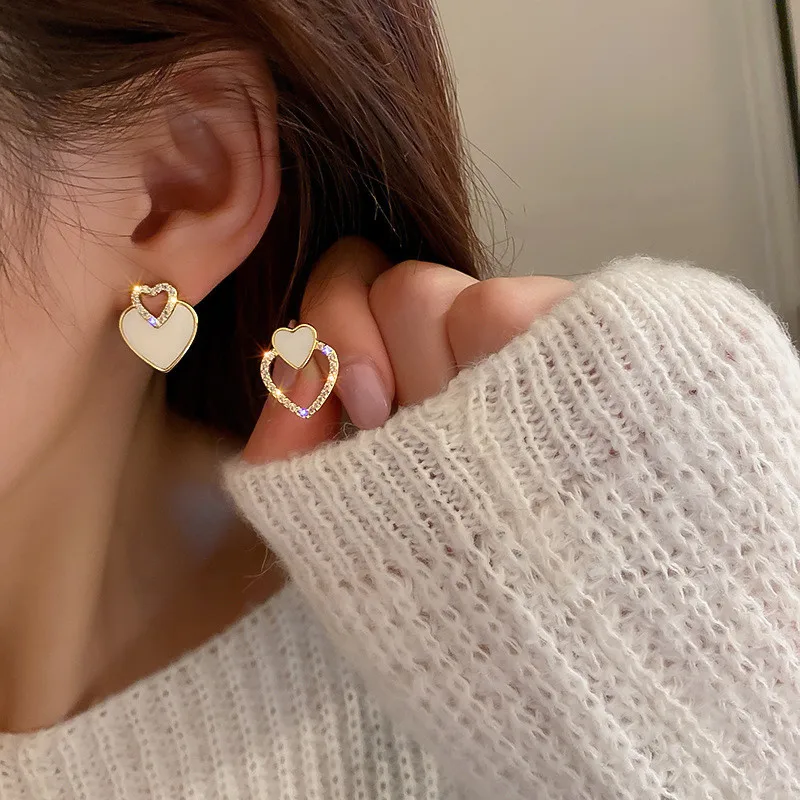 New Fashion Heart Drop Earrings For Women White Enamel Double Heart Korean Jewelry Female Earring Girls Gift