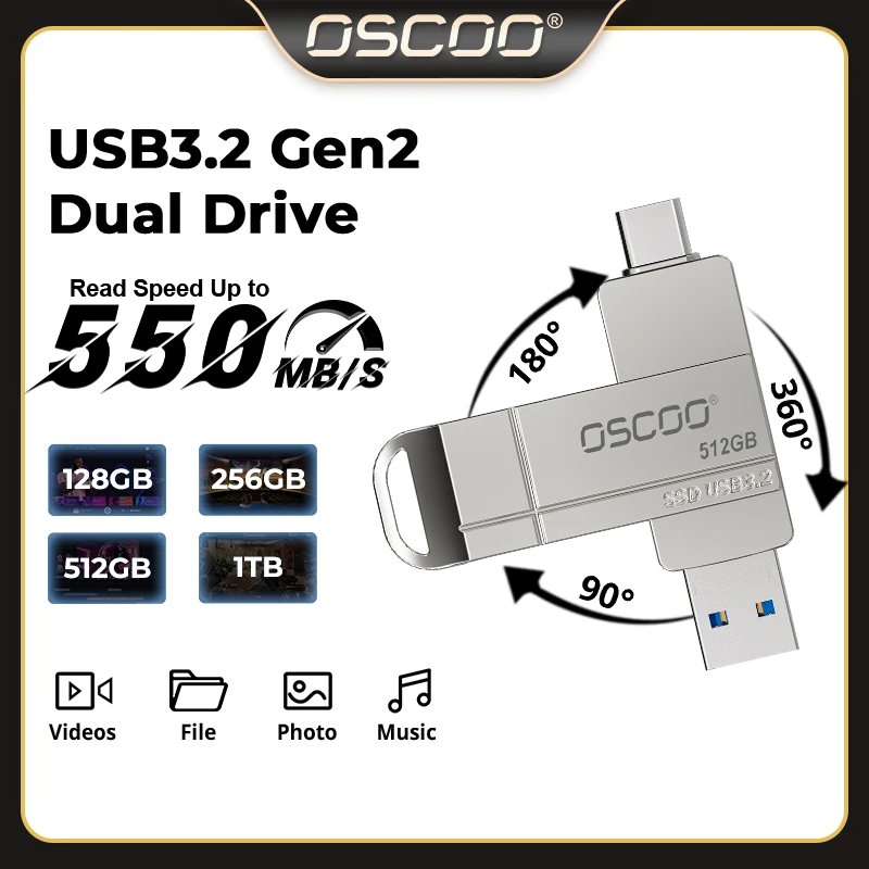 

Флешка OSCOO, двойной USB-C и высокоскоростной флэш-накопитель USB3.2, 512 ГБ, 1 ТБ, внешний резервный накопитель для телефона для фотографий, видео, файлов