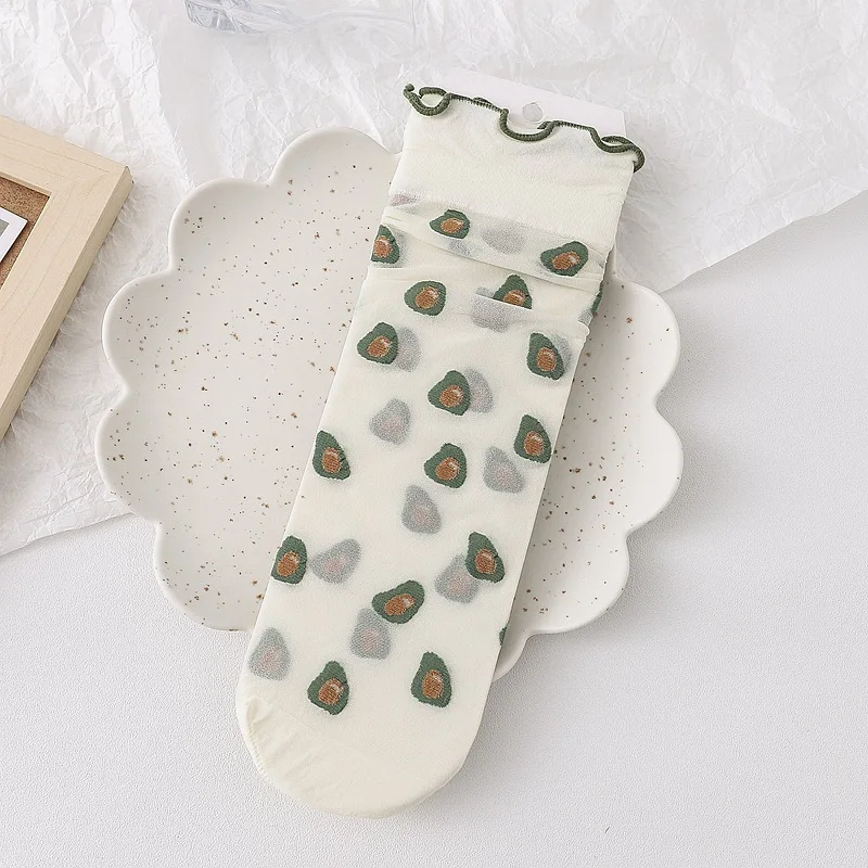 5 Pairs Women Lettuce Edged Round Neck Socks Fashionable Fruit Print Summer Thin Design Soft Comfortable Breathable Casual Socks