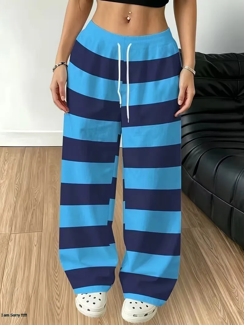 Fashion striped checkered printed pants, women's autumn new pocket drawstring sports pants