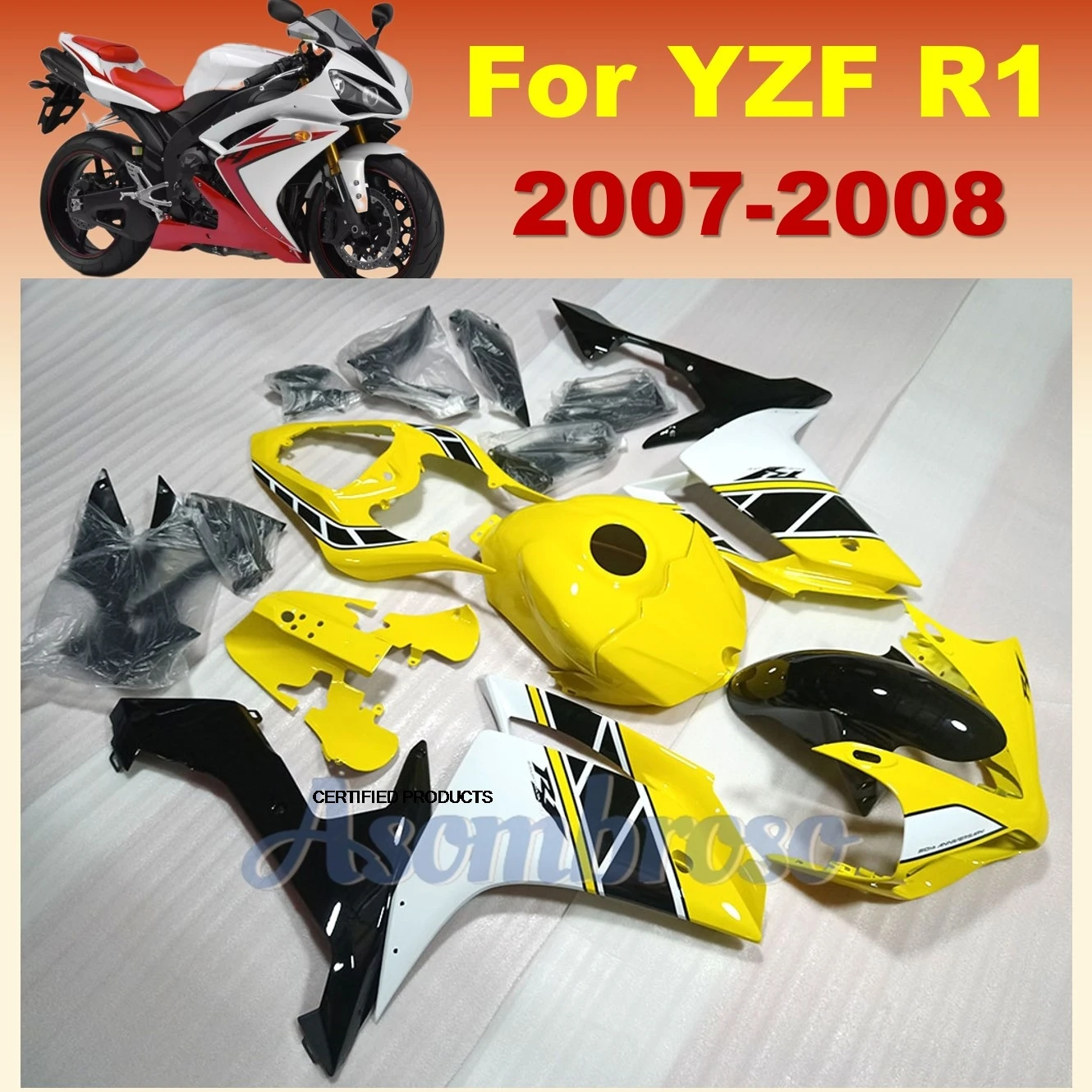 

ABS Fairing Set for YAMAHA YZFR1 2007 2008 yzf-r1 07-08 Motorcycle Fairings yellow/white/black +Tank Cover