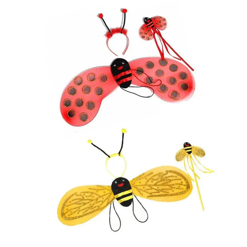 Children Girl Princess Bee Ladybug Wings Headband Magic Fairy Wand Prop Birthday Party Gift Christmas Halloween Costume Cosplay