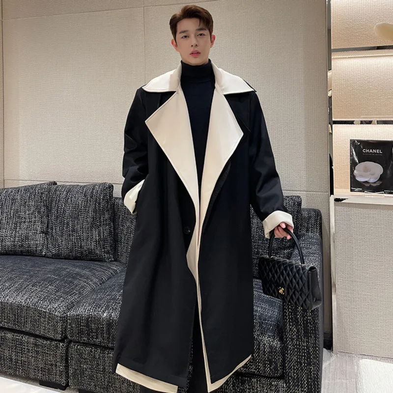 IEFB Winter New Fashion Trench Personality Contrast Color Large Collar Fake Two Long Coats With Cotton Temperament Men Tops