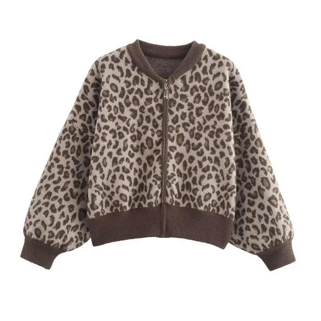 

Women's Leopard Jacquard Knitted Sweater Jacket Coat Collarless Zipper Style G42721 Autumn Fashion Cross Border