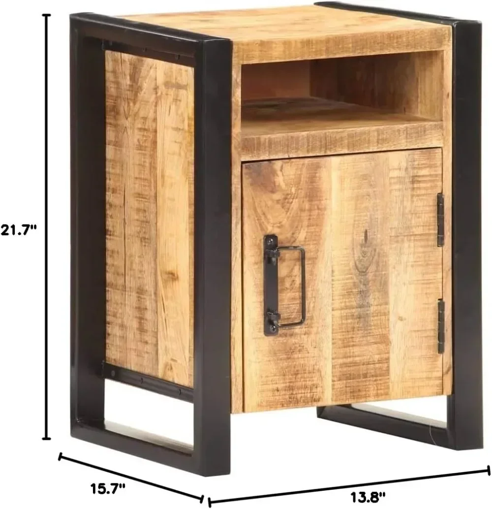 End Table with Cupboard and Open Shelf,Side Table,Steel Frame,Bedroom,Industrial,Bedside Cabinet 15.7x13.8x21.7 Solid Mango Wood