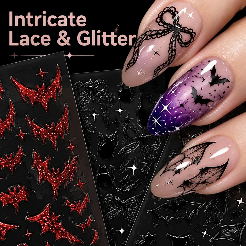 1Pc Dark Romantic Gothic Nail Decals Sparkly Red Bat Silhouette Lace Black Cat Waterproof Halloween Nail Sticker