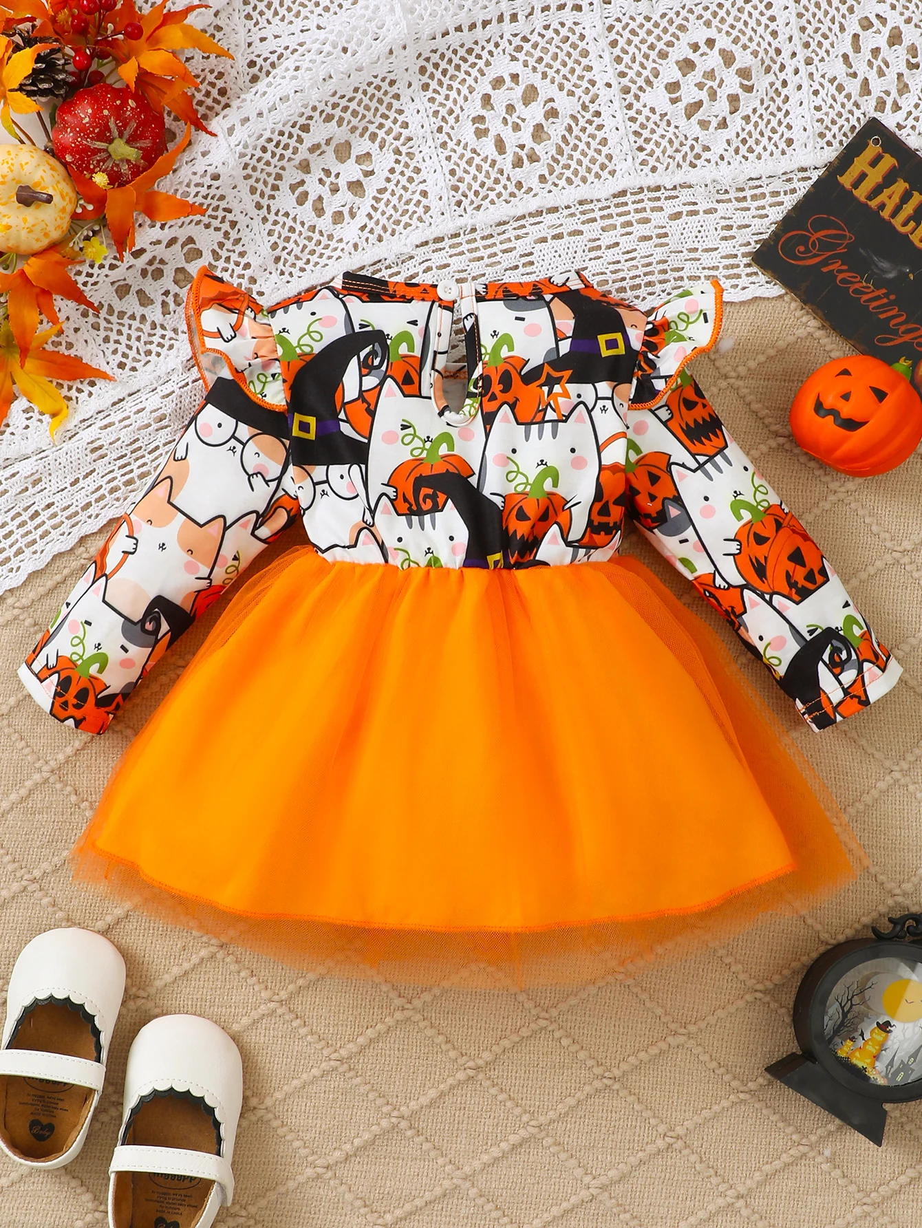 0-3 Year old Children\'s Girl Dress Round neck Cartoon Halloween Element Tulle Long sleeved Dress Girl Halloween Party Dress