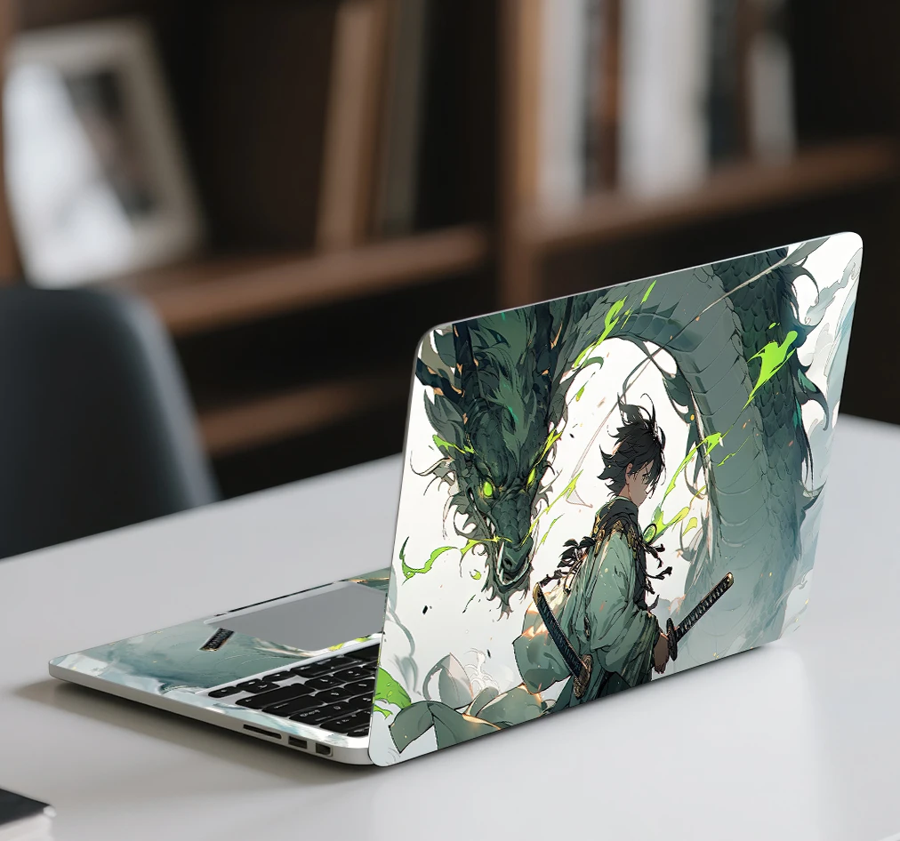 Fantasy Laptop Decor Sticker, Waterproof & Scratch-Resistant Oriental Dragon Warrior Pattern PVC Skin for Laptops Renovation