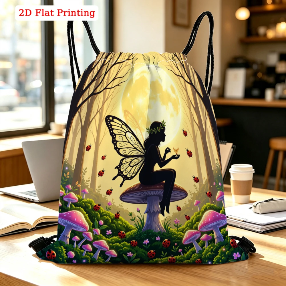 Fairy Sitting On Mushroom Drawstring Backpack, Travel Shoe Bag, Fitness Sports Backpack, Travel Outdoor Drawstring Bag