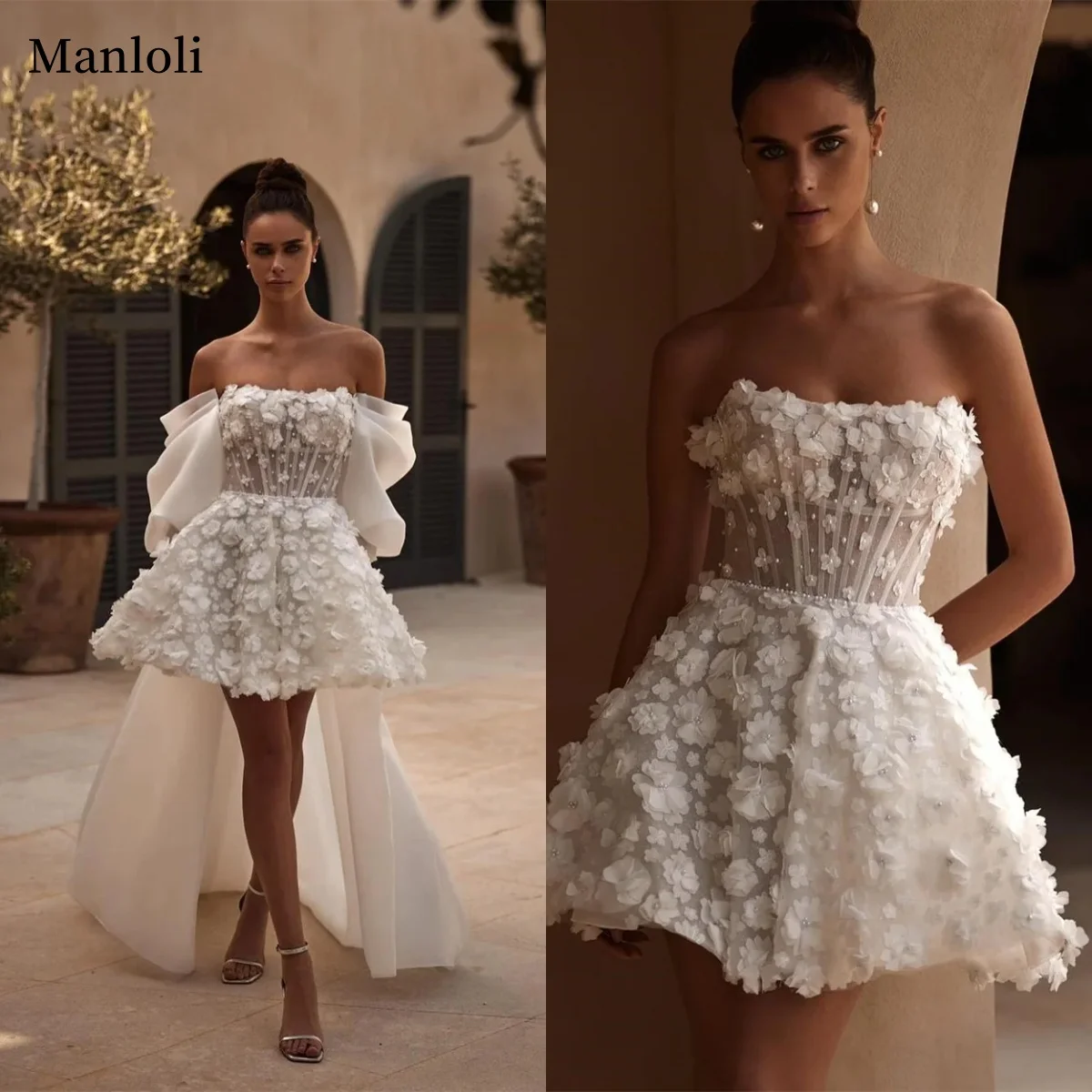 2026 Simple 3D Flower Mini Short Wedding Dress Detachable Fluffy Sleeves Strapless A-line Short Bridal Dress Customization