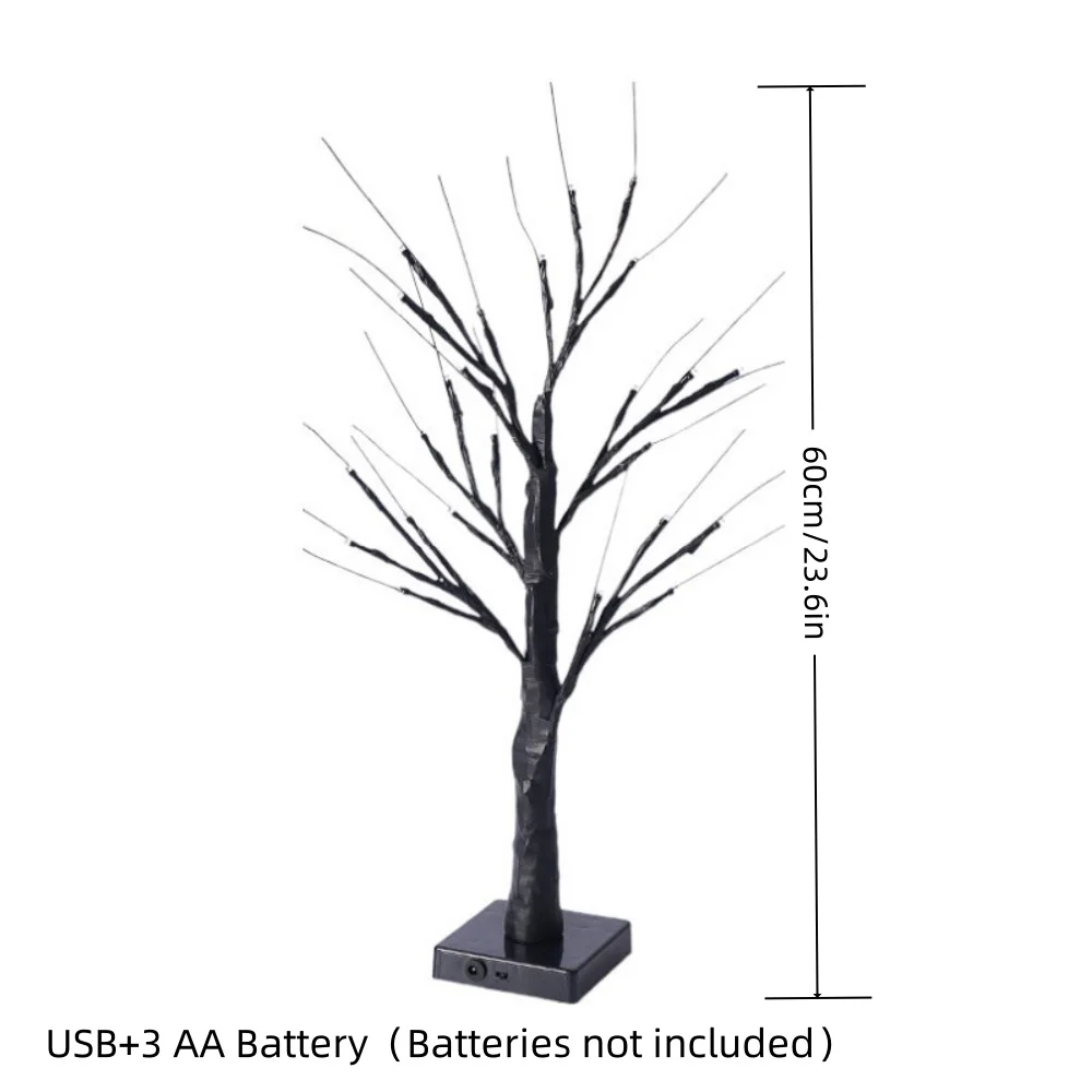 1PC24LED ضوء شجرة الهالوين، متوفر بألوان فاتحة برتقالية وأرجوانية، مدعوم بالبطارية وUSB، يستخدم لتزيين العطلات