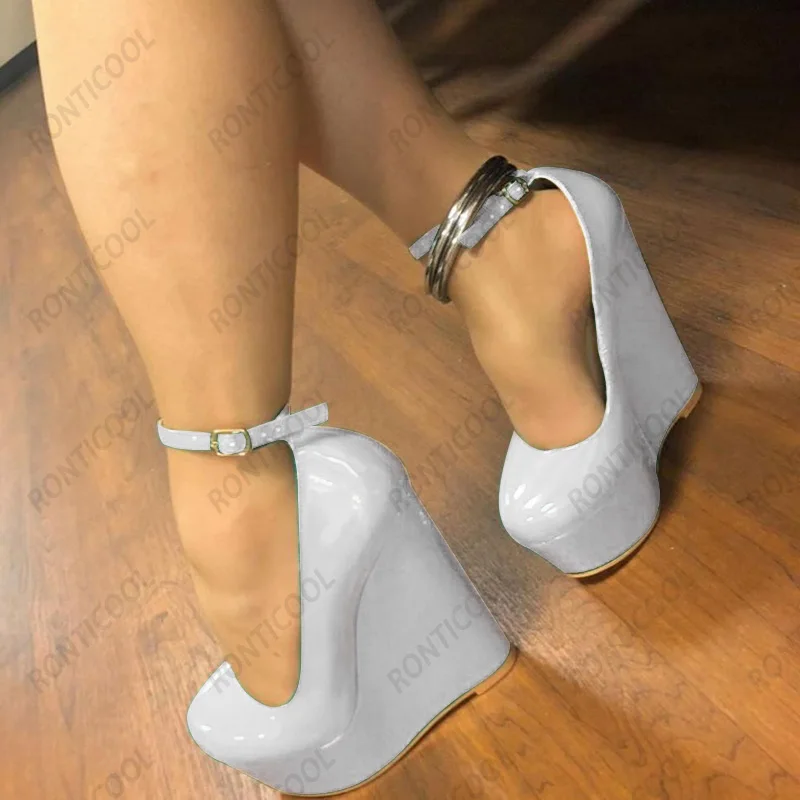 Ronticool Handmade Women Shiny Pumps Ankle Strap Sexy Wedges Heels Round Toe Gorgeous 12 Colors Party Shoes US Plus Size 5-20