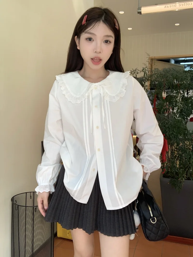 

Off Gentle Doll Collar Belted Long Sve irt Women's Autumn White irt Design Sensation Elegance French Sle Loose Fit