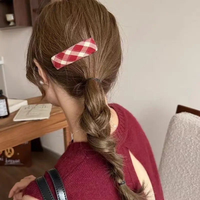 Sweet Red Plaid Hairpin Women Girls Grid Velvet Hair Edge Clip BB Clip Sponge Thickened Bangs Hairpin Hair Styling Accessories