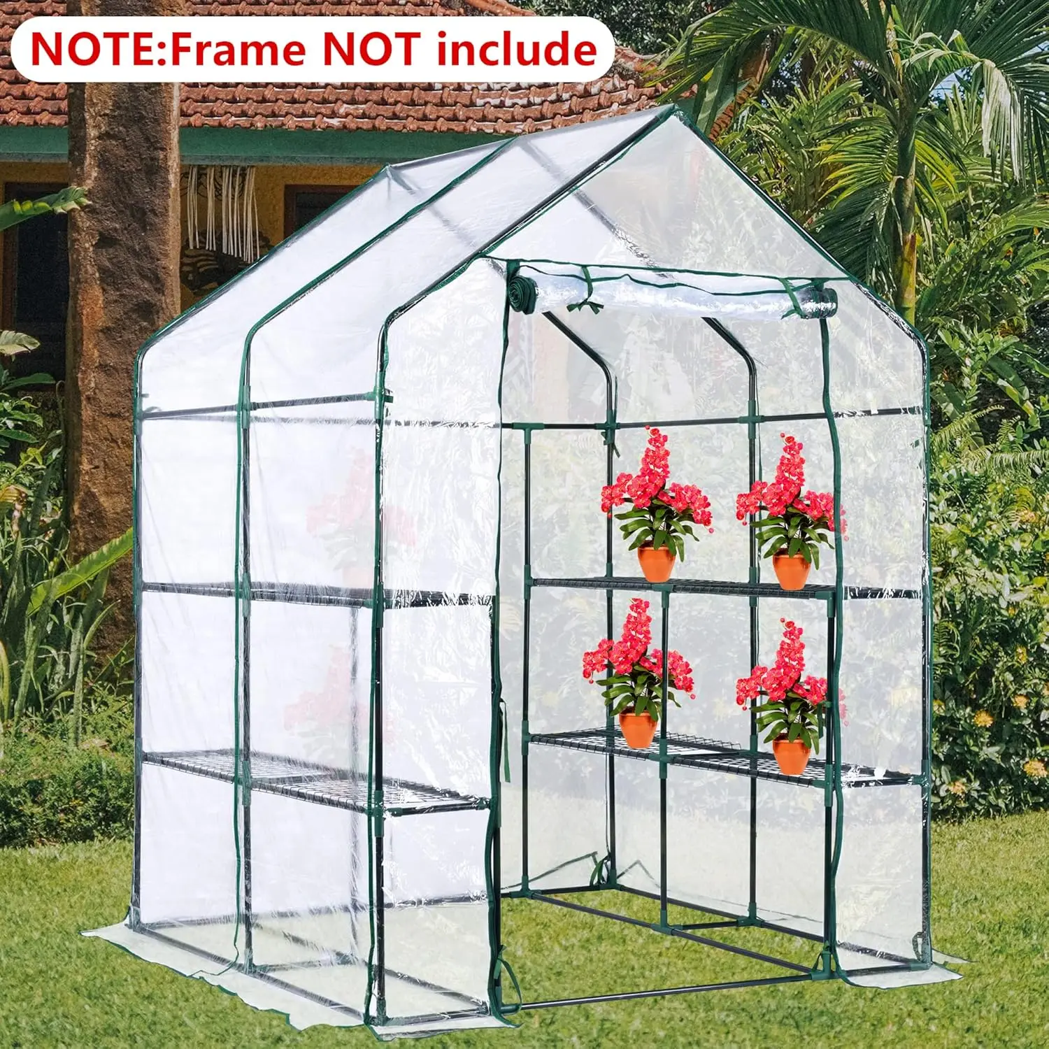 Greenhouse Replacement Cover with Roll-Up Zipper Door -for Outdoor Plant Gardening Plants Cold Frost Protection Wind Rain Proof