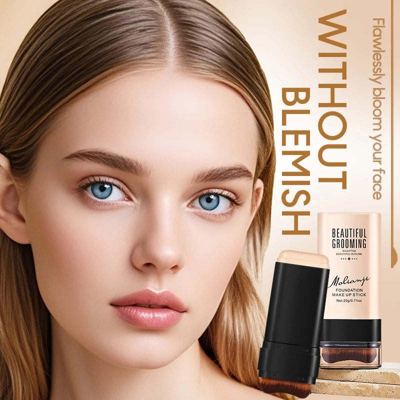 Available in 3 Colors! Matte Oil-Control Foundation Stick, Lasts for 12 Hours Without Causing Acne, Comes with a Brush Head for Easy Application, Waterproof and Sweat-Proof, Does Not Come Off, Suitable for Daily Use/Commuting/Dating, Etc