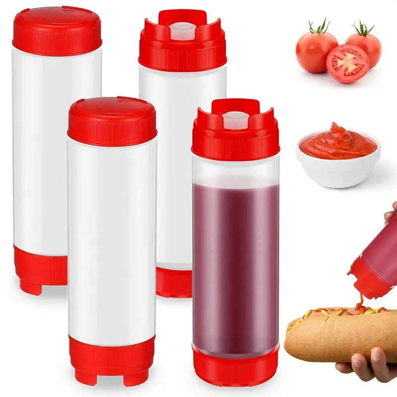 AEE2-4Pcs Squeeze Bottles Refillable 20 Oz,Inverted Plastic Tip Large Valve Dispenser Condiment Squeeze Bottle