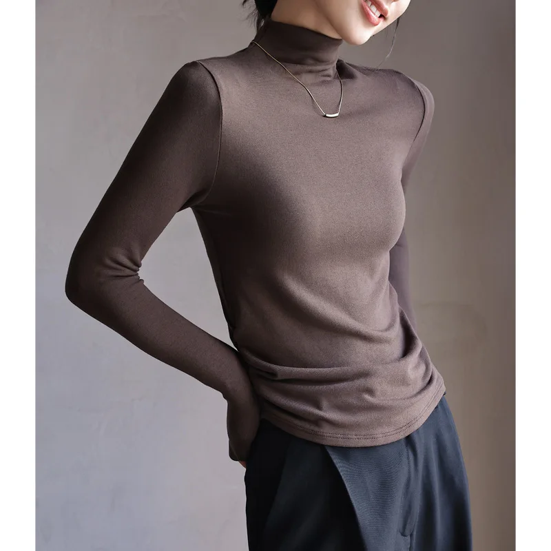 

Women's Base Tops Korea Stylish Modal Fabric Solid Color Layering Tops Mock Neck Full Sleeve Elegant Slim Female Blouse C5393