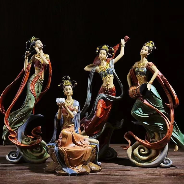 Decoration of Chinese Dun Huang Fliying Sking fairy Statue resin figure ,a set