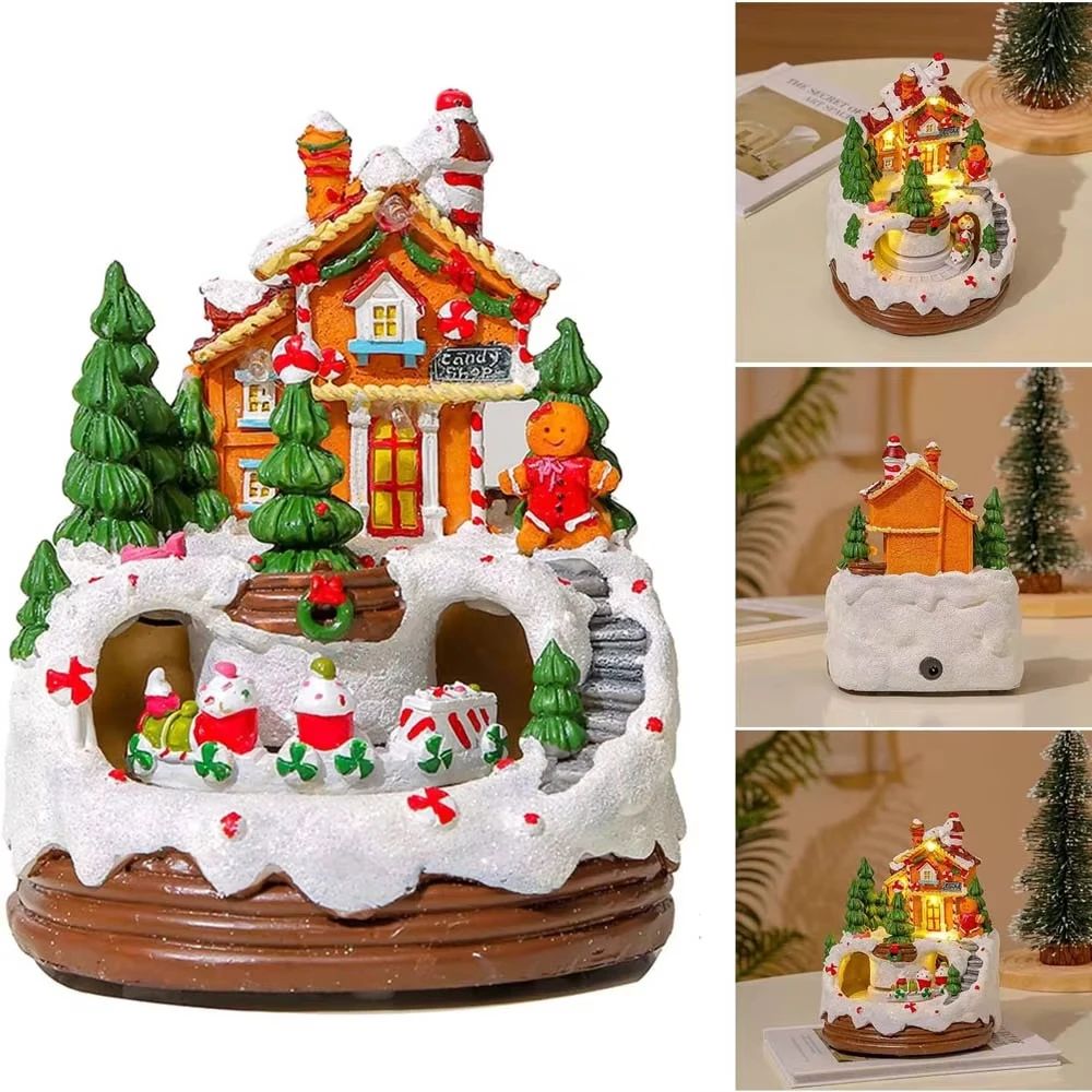 Christmas Gingerbread Village House LED Train Lights Music Building Statue Home Table Decoration Holiday Display Christmas Gift