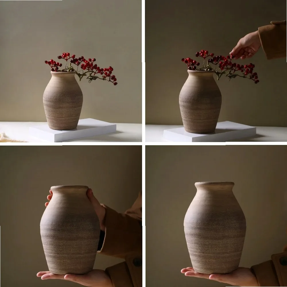 

Vintage Handmade Ceramic Vase, 20.4cm Retro Clay Pot for Dried Flowers Home Decor