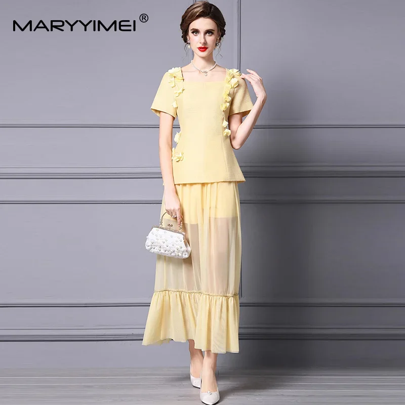 

Gedivoen однотонный тонкий костюм с короткими рукавами для женщин, топы с квадратным вырезом и аппликацией + элегантная юбка с эластичной резинкой на талии, комплект из двух предметов