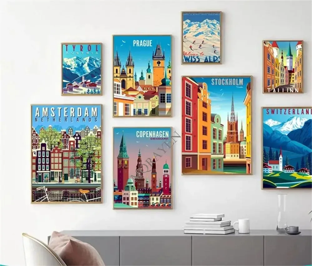 Print Canvas Painting Art European Poster Amsterdam Denmark Stockholm Town Vintage Travel Cities Landscape Wall Pictures